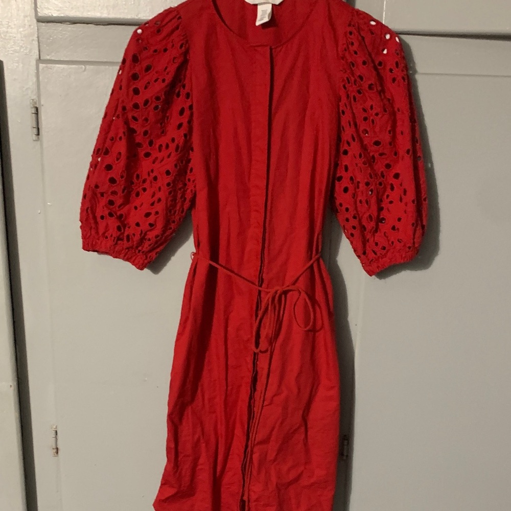 H&M Vibrant Red Dress with Eyelet Puff Sleeves